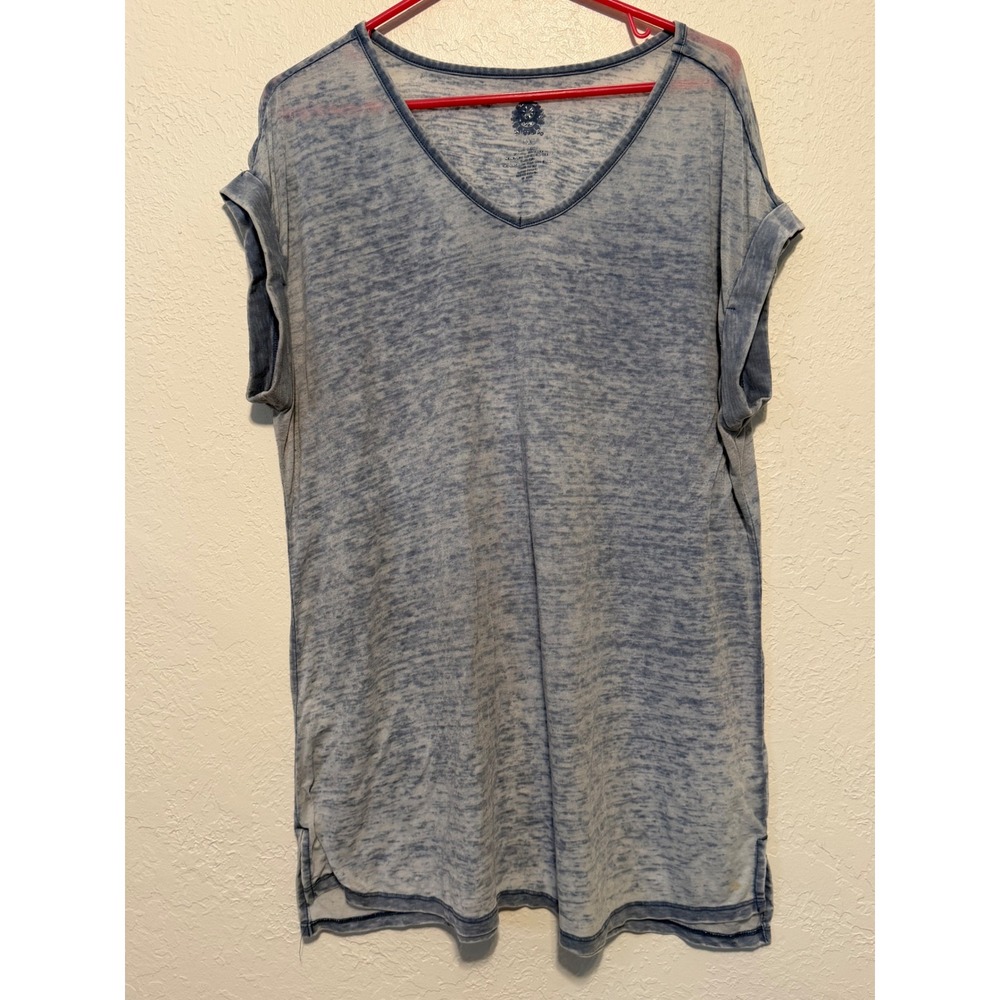Blush 1X Blue Acid Wash Burnout V-Neck Short Sleeve Tee Rolled Cuff Top